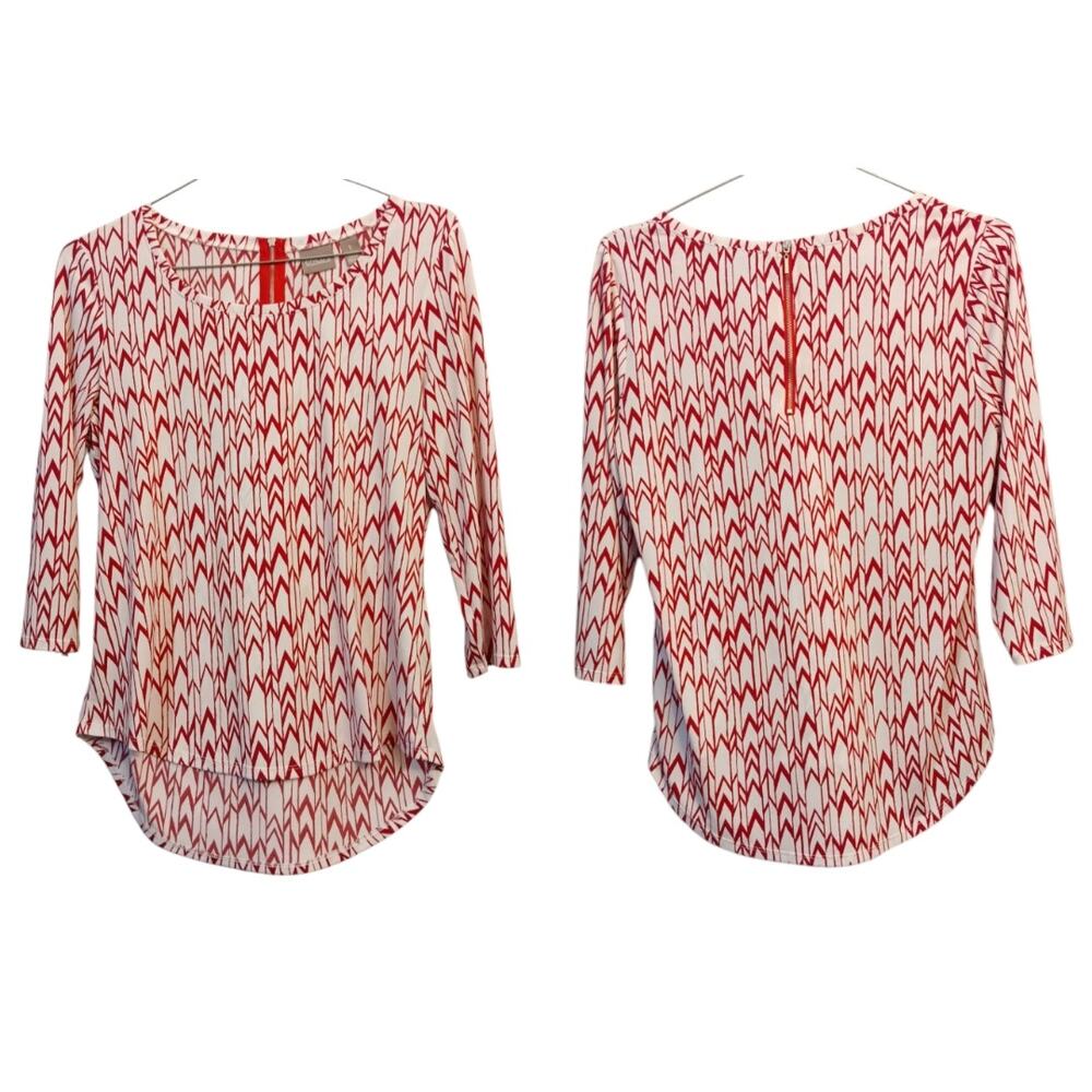 CHICO'S 1 Slinky Top Blouse M/8 Zip Back Chevron Red Office Career Travel‎ Work